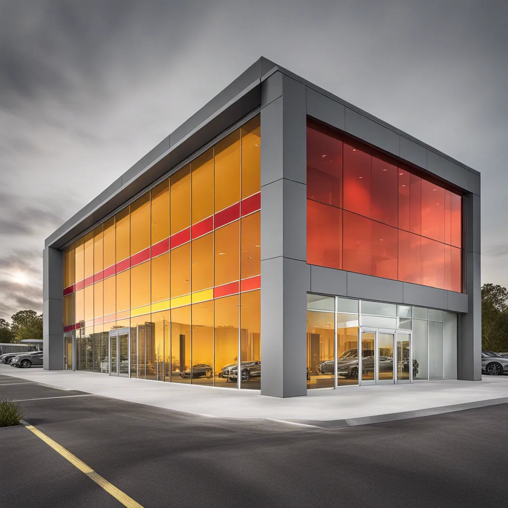 Showroom building concept with full-height glazing in warm tones